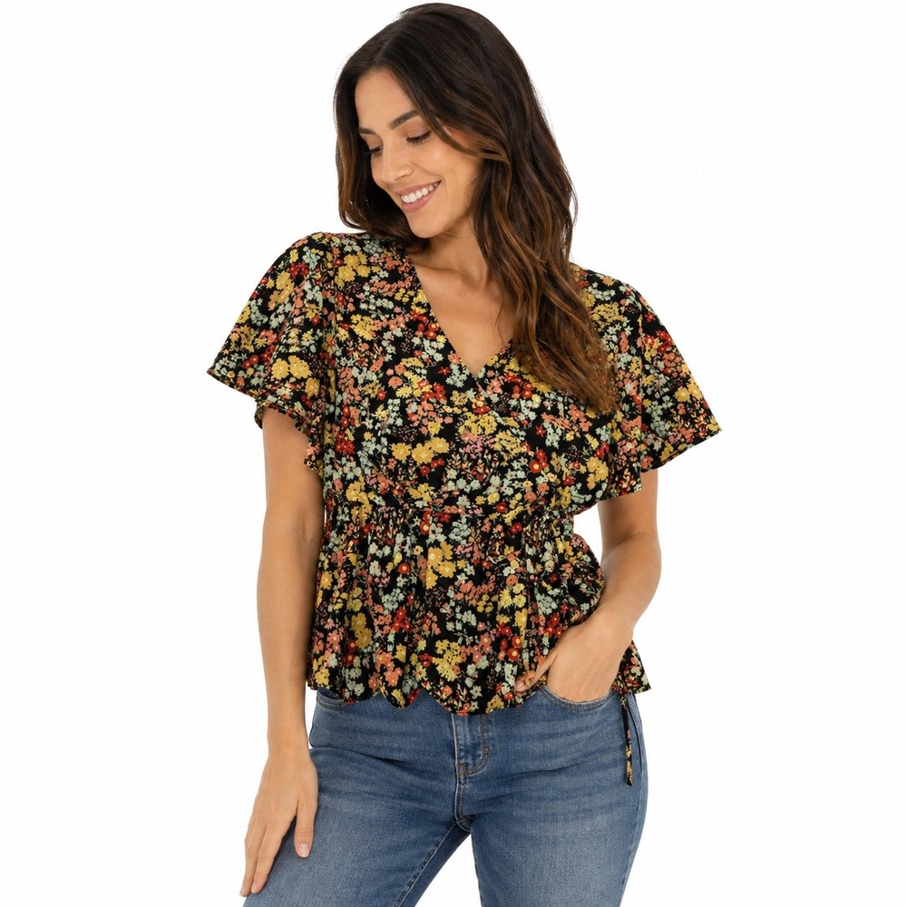 Madewell Wrap Top Women Small Black Floral Peplum Flutter Sleeve MA651 FA20